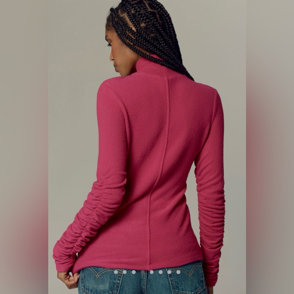 By Anthropologie Ruched-Sleeve Turtleneck Top in Raspberry size Small - Picture 5 of 9